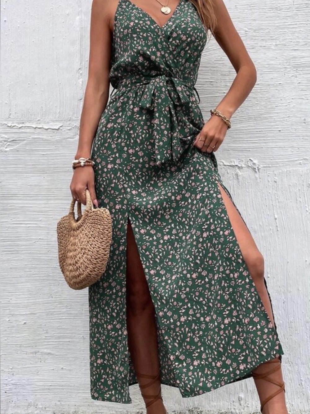 SHEIN Green Floral Tie-Waist Maxi Dress with Pink Accents